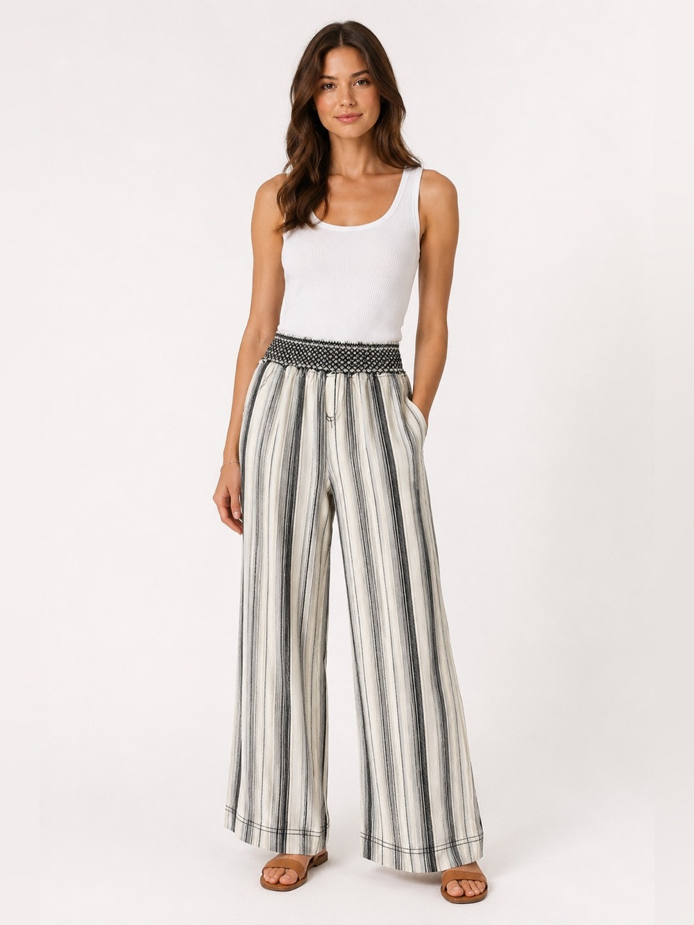 Rewash Linen Blend Striped Wide Leg Pants Coastal Boho Size M